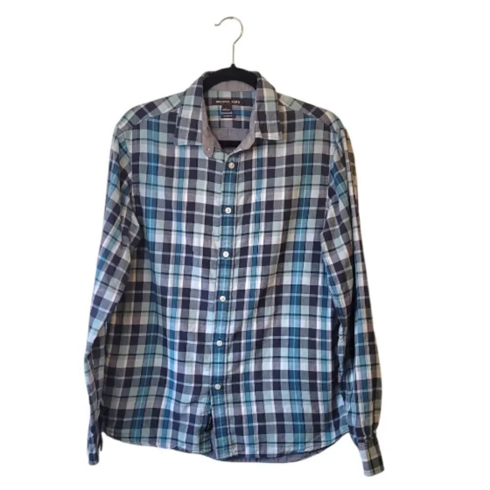 Michael Kors Blue Plaid Button Down Shirt Size L